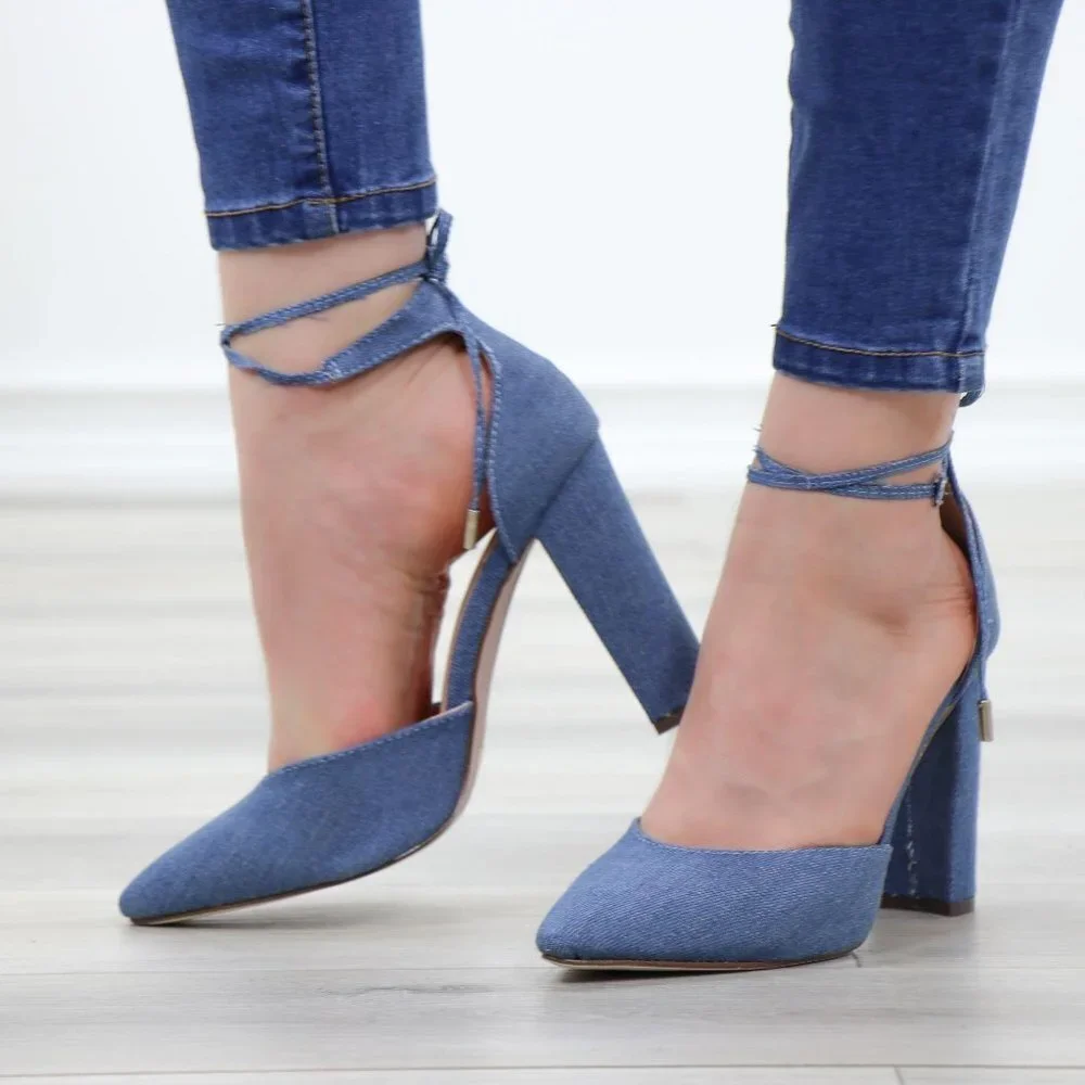 Denim Pointy Toe Block Lace-Up High Heel Pumps - Picture 11 of 15